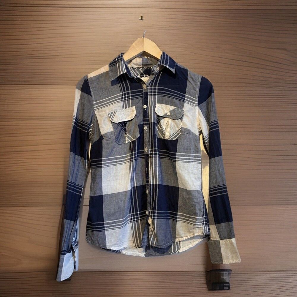 Aeropostale Plaid Button Front Shirt Womens Small Blue White Long Sleeve Casual